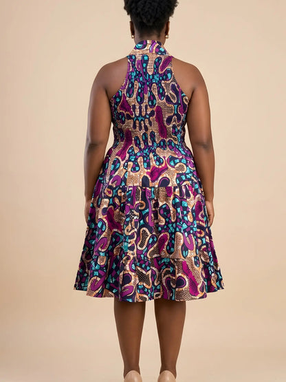 African Smocked Waist Fit and Flare Midi Dress