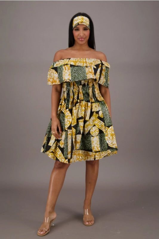 Off-Shoulder Geometric Print A-Line Dress