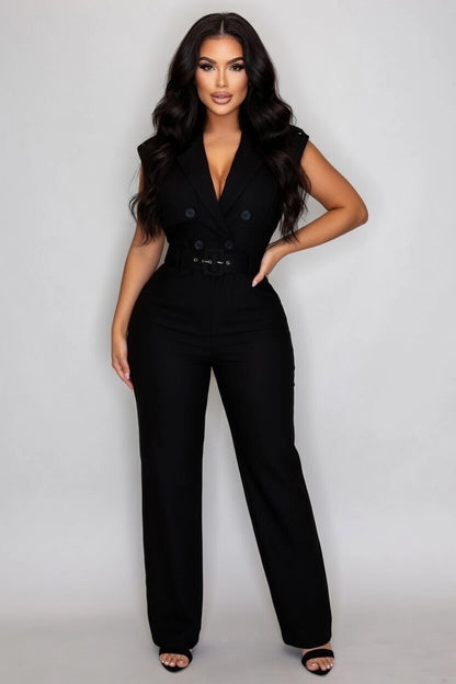 Double Breasted Notch Belted Jumpsuit
