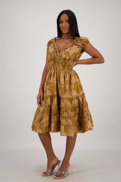 Smocked Ruffle Midi Dress