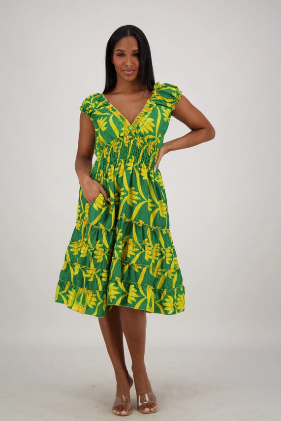 Smocked Ruffle Midi Dress