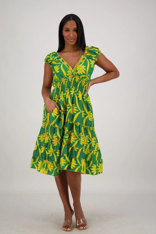 Smocked Ruffle Midi Dress