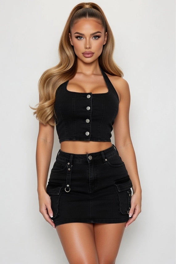 Halter Neck Denim Top and Cargo Mini Skirt Set