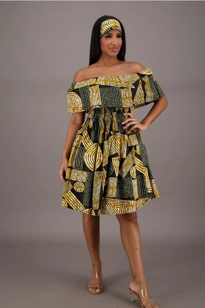 Off-Shoulder Geometric Print A-Line Dress