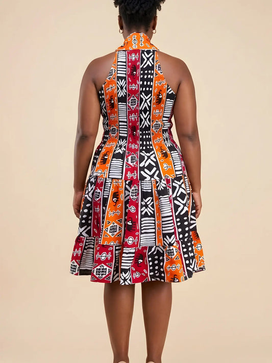 African Smocked Waist Fit and Flare Midi Dress