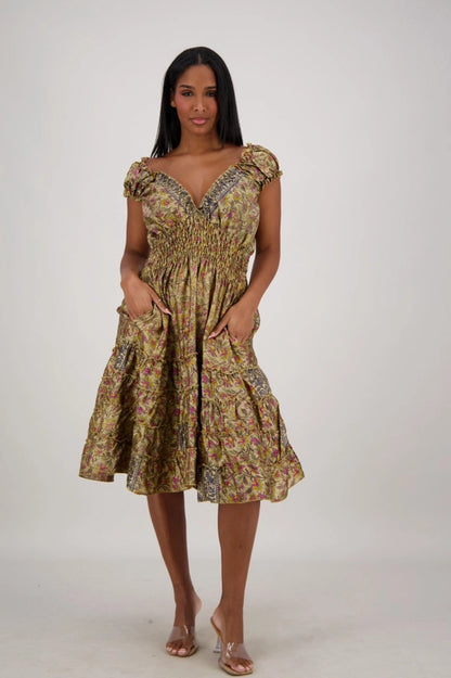 Smocked Ruffle Midi Dress