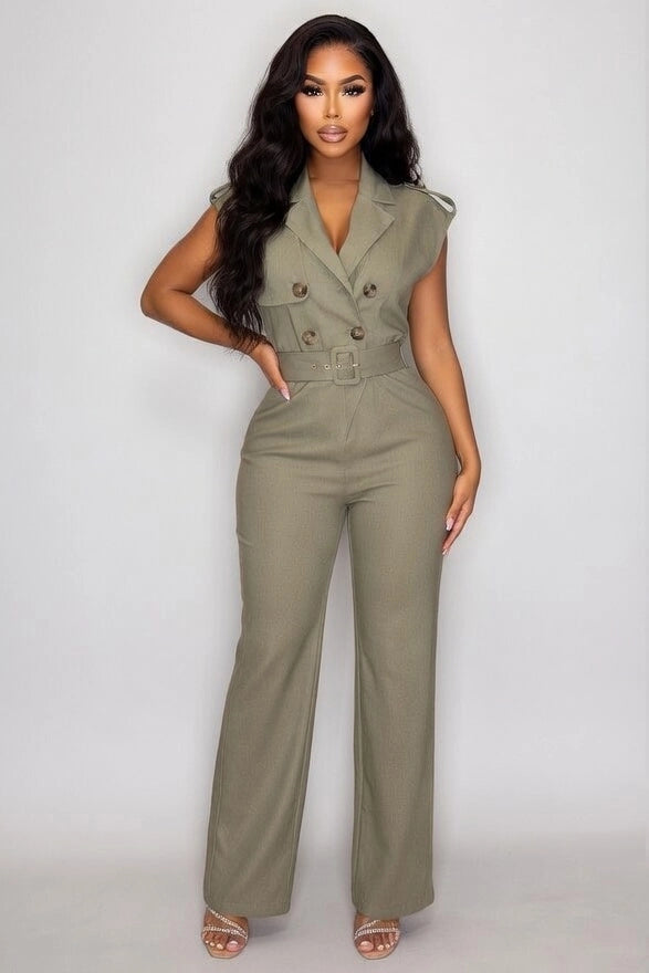 Double Breasted Notch Belted Jumpsuit