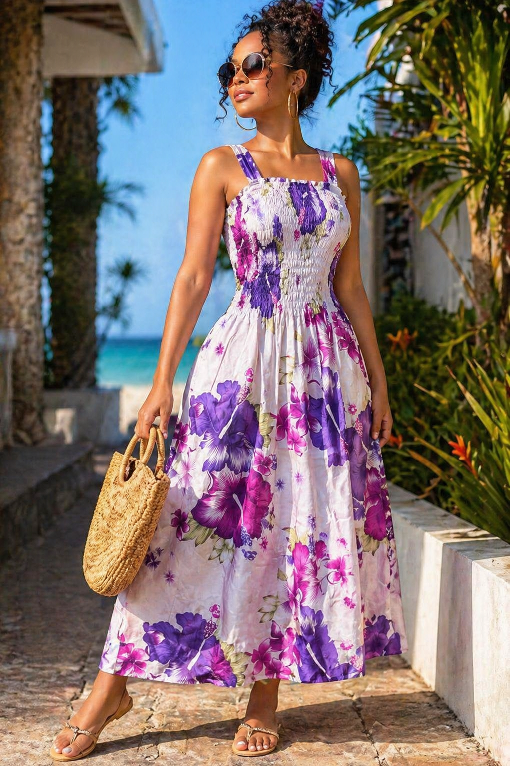 georgette smocked midi dress in backyard blooms Petite Georgette Smocked Midi Dress in Backyard Blooms