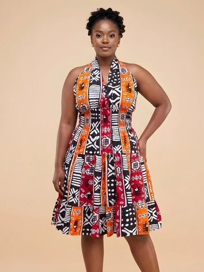 African Smocked Waist Fit and Flare Midi Dress